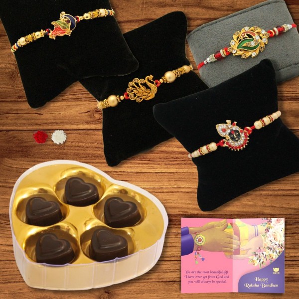 BOGATCHI 5 Heart Chocolate 4 Rakhi Roli Chawal and Greeting Card C | Unique Rakhi Gifts for Sister | Rakhi with Chocolate Online 
